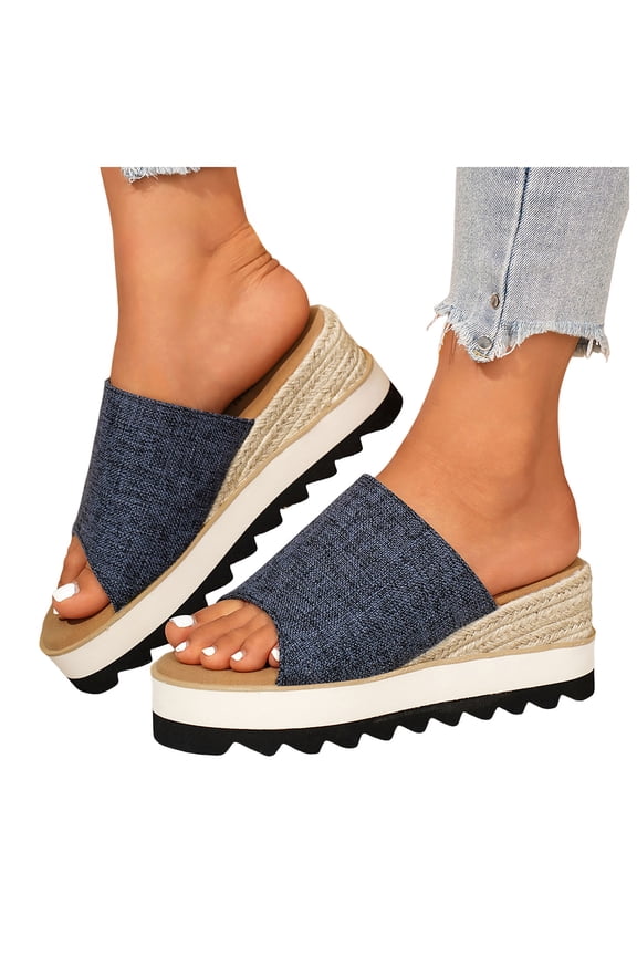 Platform Slides for Women Antislip Open Toe Wedge Sandals Comfy Footbed Arch Support Slip on Beach Dress Shoes Slippers Navy Size 8