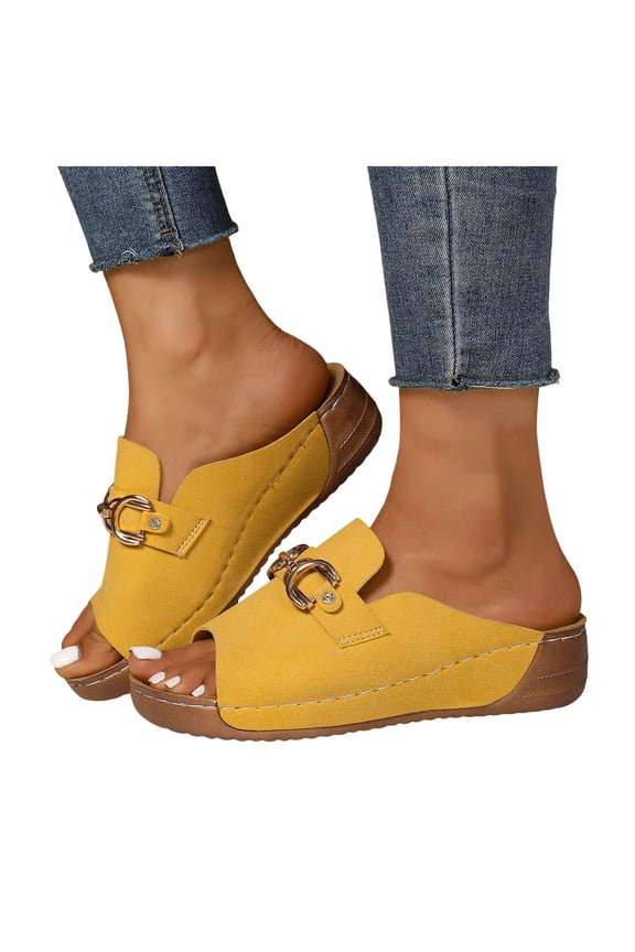 Platform Slides for Women Comfy Arch Support Orthopedic Sandals Open Toe Metal Chain Slip on Low Wedge Walking Shoes Yellow Size 7