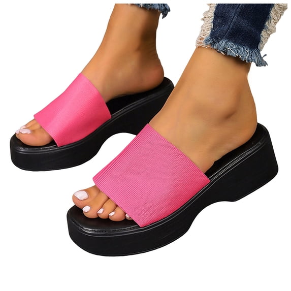 Platform Slides for Women Square Open Toe Elastic One Band Slip on Wedge Sandals Summer Casual Slippers Hot Pink Size 9.5