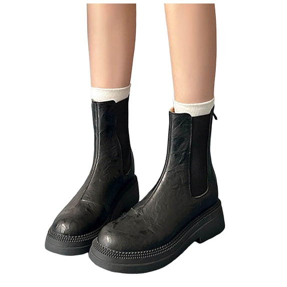 Platform Slip on Chelsea Boots for Women Classic Winter Fall Leather Chunky Mid Calf Short Booties Black