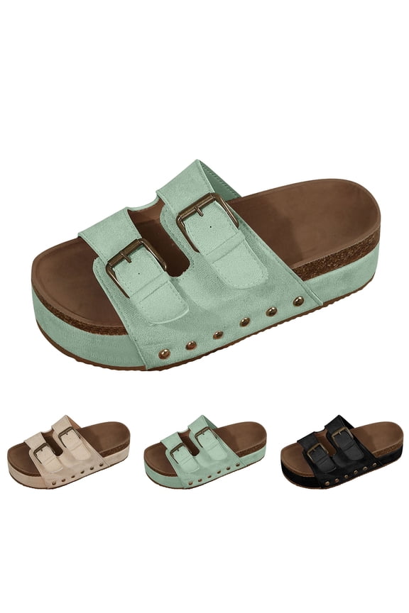 Platform Slip on Sandals for Women Cork Footbed Studded Adjustable Metal Buckle Slides Comfortable Vacation Shoes Black Size 7
