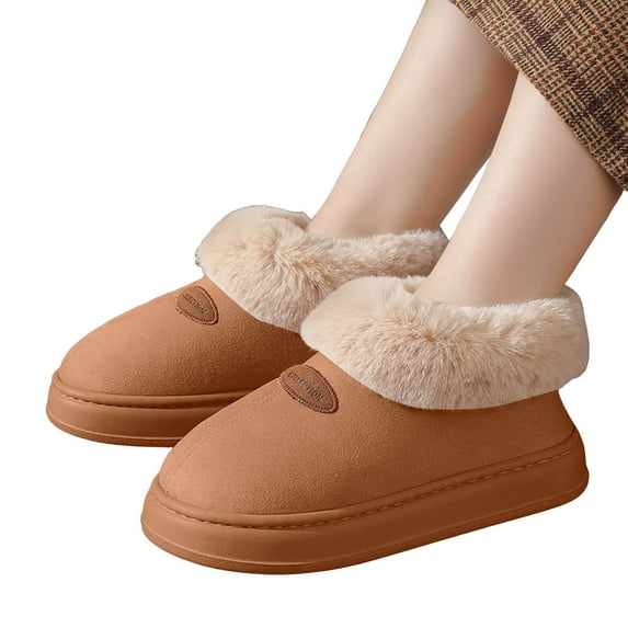Women Platform Booties Slippers Suede Fuzzy Slip on Fleece Lined House Slippers Memory Foam Home Shoes with Rubber Sole Brown Size 7.5
