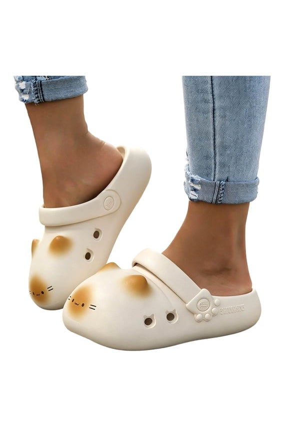 Platform Slippers for Women Cute Cat Shape Closed Toe Sandals Comfortable Thick Soft Sole Adjustable Slip on Slides Indoor Outdoor Casual Footwear Beige Size 10