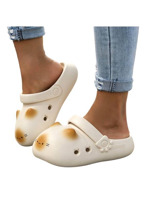 Platform Slippers for Women Cute Cat Shape Closed Toe Sandals Comfortable Thick Soft Sole Adjustable Slip on Slides Indoor Outdoor Casual Footwear Beige Size 7