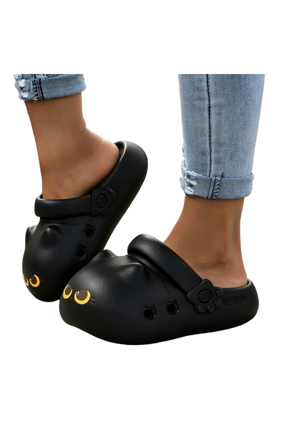 Platform Slippers for Women Cute Cat Shape Closed Toe Sandals Comfortable Thick Soft Sole Adjustable Slip on Slides Indoor Outdoor Casual Footwear Black Size 9