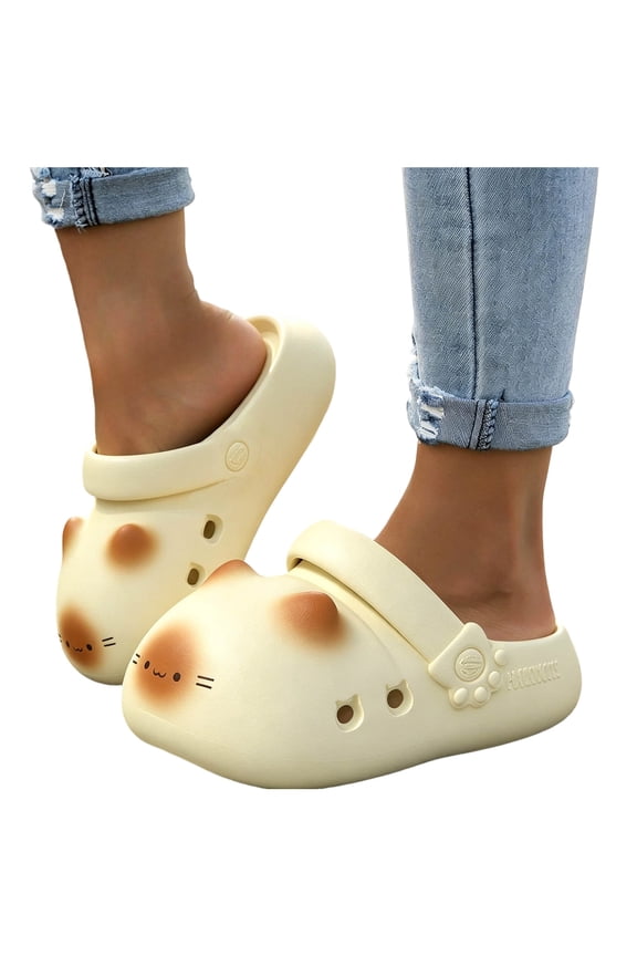Platform Slippers for Women Cute Cat Shape Closed Toe Sandals Comfortable Thick Soft Sole Adjustable Slip on Slides Indoor Outdoor Casual Footwear Yellow Size 9
