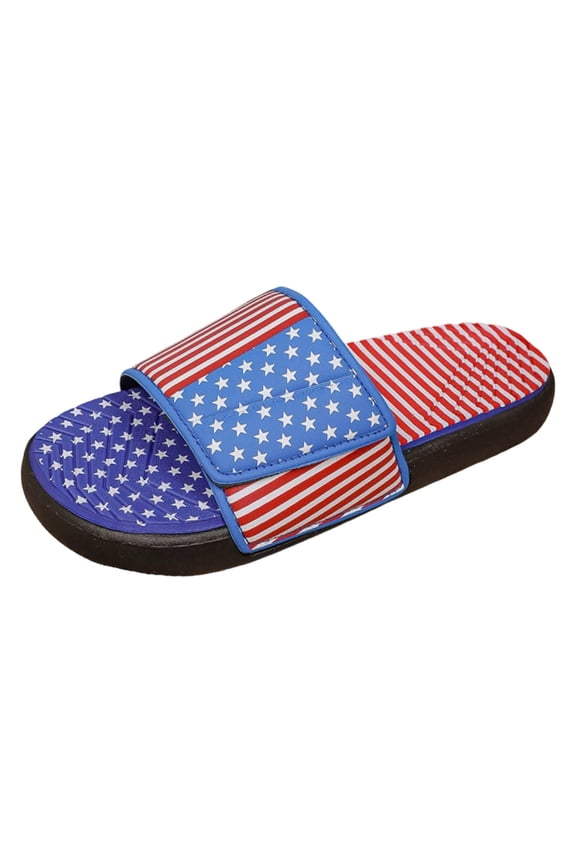 Platform Slippers for Men Open Toe Flag Star Print Adjustable Band Slides Comfy Footbed Slip on Flat Sandals Blue Size 8
