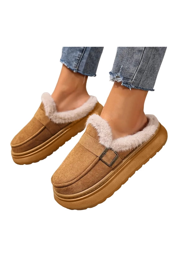 Platform Slippers for Women Casual Suede Slip on Furry Lined Soft Sole Loafers Buckle Strap Winter Warm Indoor Slides Brown 11