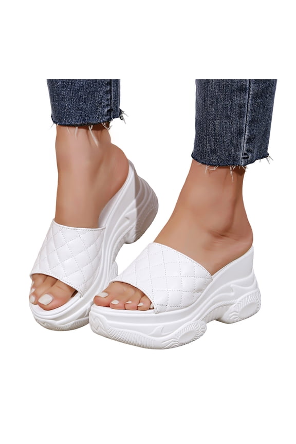 Platform Slippers for Women Open Toe Quilted Band Wedge Sandals Slip on Comfy Arch Support HIgh Heeled Slides White Size 7