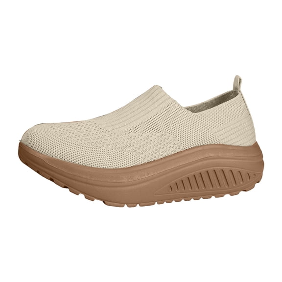 Platform Sneakers for Women Casual Knitted Low Top Walking Shoes Lightweight Soft Sole Slip on Loafers Antislip Workout Gym Athletic Shoes Beige Size 6.5