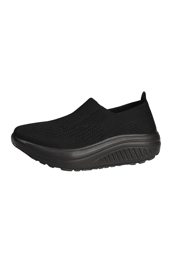 Platform Sneakers for Women Casual Knitted Low Top Walking Shoes Lightweight Soft Sole Slip on Loafers Antislip Workout Gym Athletic Shoes Black Size 7.5