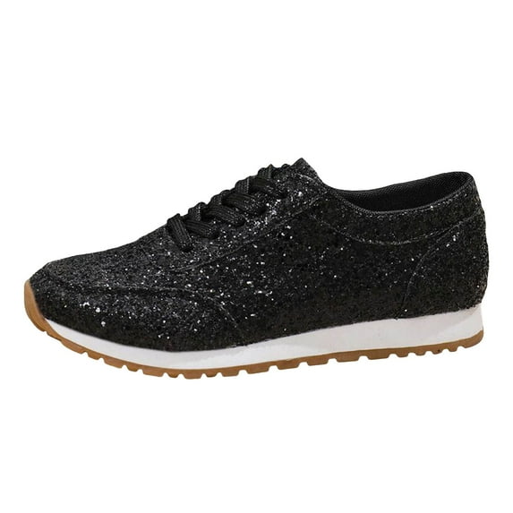 Platform Sneakers Women Female Womens Sneakers Women's Fashion Sequins Casual Lace Up Sport Shoes Sneakers Glitter Breathable Bling Ladies Running Shoes(Black,7)