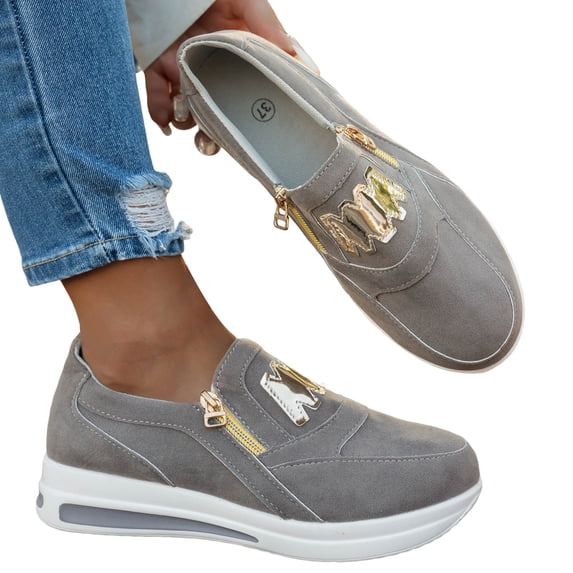 Platform Sneakers for Women Breathable Round Toe Chunky Bottom Slip on Low Top Side Zipper Flat Comfortable Walking Shoes Gray Size 8.5