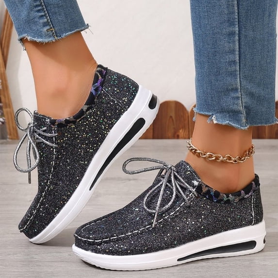 Platform Sneakers for Women Glitter Casual Walking Shoes Lace Up Sequin Fashion Shoes Lightweight Thick Sole Comfort Shoes