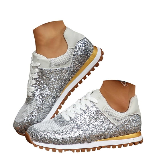 Platform Sneakers for Women Lightweight Memory Foam Insole Shoes Lace up Non Slip Fashion Glitter Walking Footwear Silver Size 9