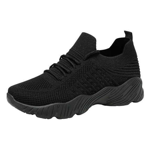 Platform Sneakers for Women Solid Color Knit Mesh Breathable Slip on Walking Shoes Comfy Stretch Lace up Athletic Shoes Black Size 6.5