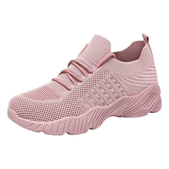 Platform Sneakers for Women Solid Color Knit Mesh Breathable Slip on Walking Shoes Comfy Stretch Lace up Athletic Shoes Pink Size 8
