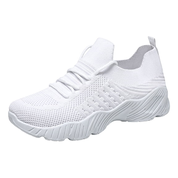 Platform Sneakers for Women Solid Color Knit Mesh Breathable Slip on Walking Shoes Comfy Stretch Lace up Athletic Shoes White Size 7