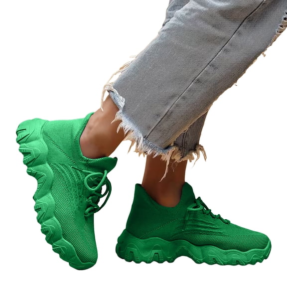 Platform Sneakers for Women Stretch Knitted Slip on Chunky Tennis Shoes Casual Cushioning Lace up Running Athletic Shoes Green Size 10.5