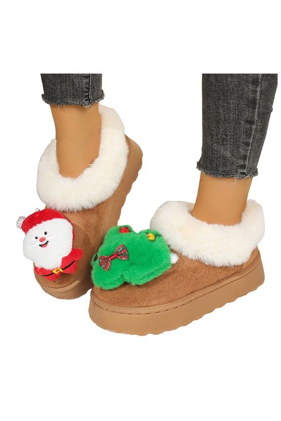 Platform Snow Boots for Women Cute Christmas Matching Slippers Santa Xmas Tree Decor Fuzzy Winter Ankle Booties