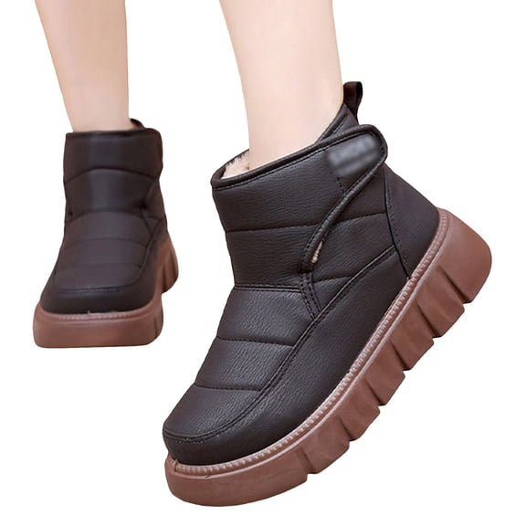 Platform Snow Boots for Women Hook and Loop Waterproof Leather Furry Lined Winter Ankle Boots Casual Round Toe Flat Walking Shoes Brown Size 6.5
