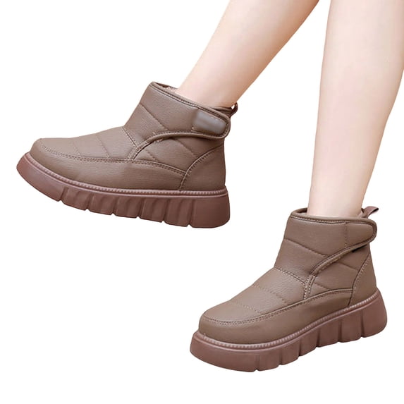 Platform Snow Boots for Women Hook and Loop Waterproof Leather Furry Lined Winter Ankle Boots Casual Round Toe Flat Walking Shoes Khaki Size 7.5
