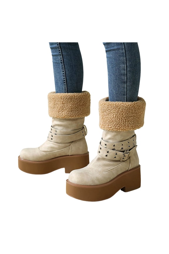 Platform Snow Boots for Women Retro Slouchy Soft Leather Fuzzy Lined Buckle Strappy Round Toe Pull on Mid Calf Riding Booties White Size 9