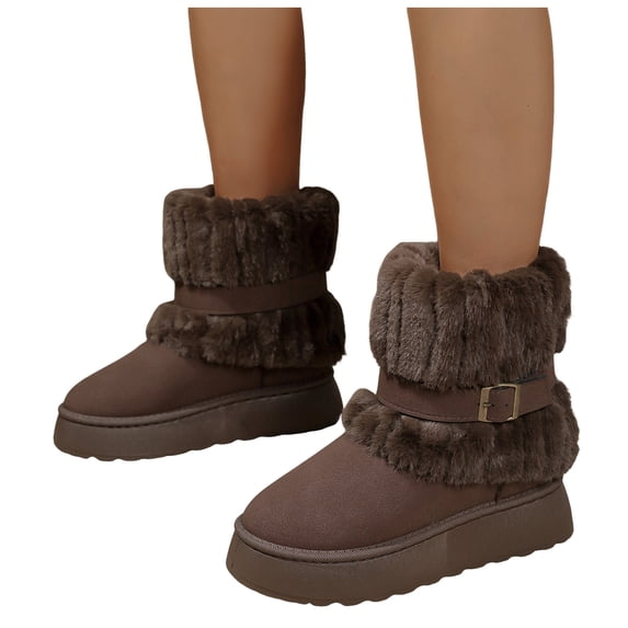 Platform Snow Boots for Women Suede Cozy Plush Fold Over Slip on Winter Mid Calf Booties with Ankle Strap Coffee Size 9