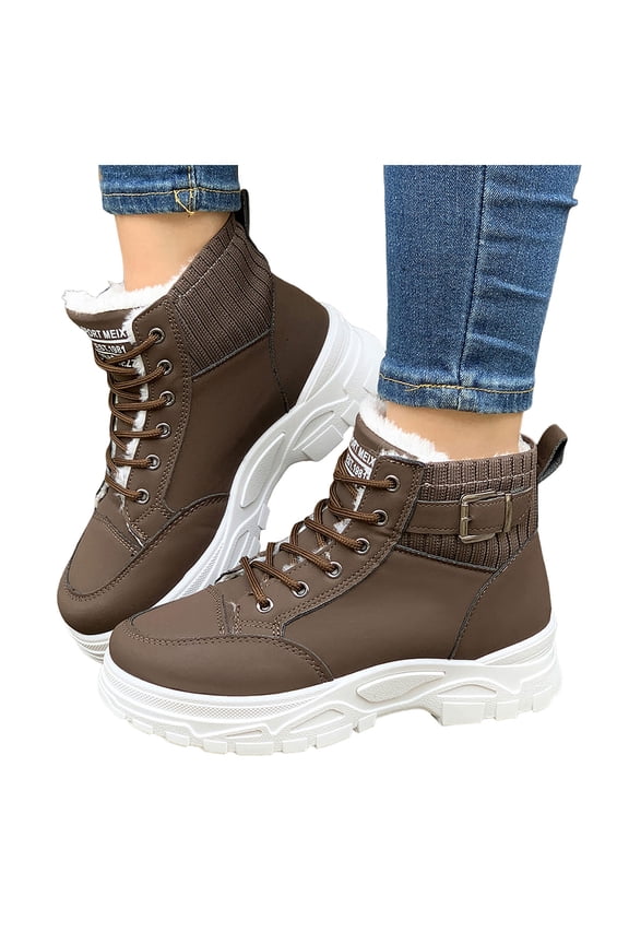 Platform Snow Boots for Women Waterproof Leather Lace up Stretch Knitted Furry Lined Winter Hiking Booties