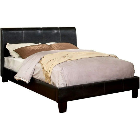 Platform Style Leatherette Queen Size Bed with Curved Headboard Brown- Saltoro Sherpi