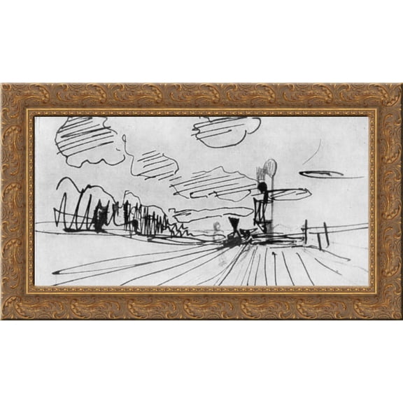 Platform. The approaching train. 24x16 Gold Ornate Wood Framed Canvas Art by Isaac Levitan