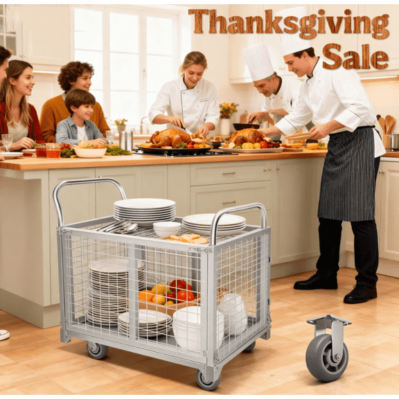 Platform Truck with Cage, Heavy Duty Flatbed Cart, Foldable Hand Truck, Load 2200LB with 4 Swivel Casters, Multi-Functional Push Cart for Grocery, Laundry, Shelving, Pantry