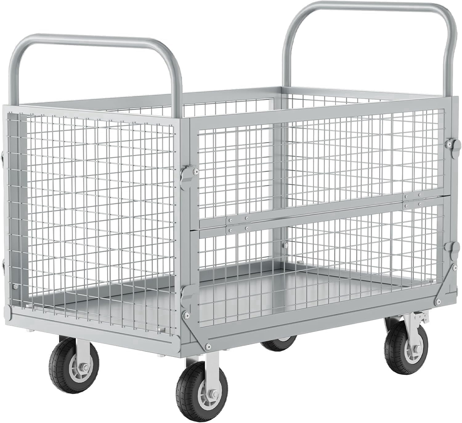 Platform Truck with Cage, Heavy Duty Flatbed Cart, Foldable Hand Truck, Load 2500LB with 4 Swivel Casters, Multi-Functional Push Cart for Grocery, Laundry, Shelving, Pantry