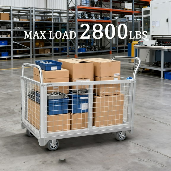 Platform Truck with Cage, Max Weight Capacity 2800 Pounds Multi-Purpose Heavy Duty Steel Flatbed Cart, 45L x 26" W 4 In 1 Platform Truck Cart with Cage, for Grocery, Laundry, Stall,Storage