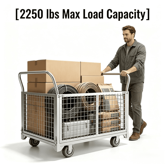 Platform Truck Cart with Cage, Multipurpose 4 in1 Foldable Flatbed Cart Heavy Duty Push Cart Dolly W/Swivel Wheels 2250lbs CapacityUtility Hand Cart for Grocery/Laundry/Stall/Storage