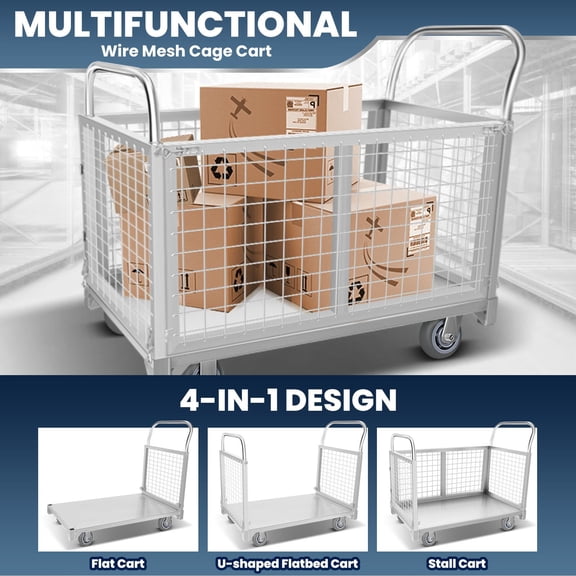 Platform Truck Cart With Cage, Convertible 4-In-1 Utility Cart, Durable Wire Mesh Heavy Duty Cart for Warehouse Factory Farm Home Pet Store