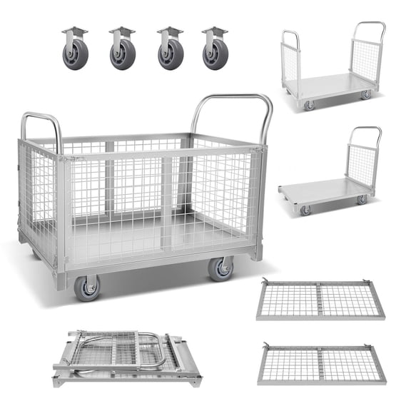 Platform Truck Cart With Cage, Heavy Duty 4-In-1 Wire Mesh Cage Cart, Multi-Use Transport Utility Cart for Home Warehouse Factory Farm Pet Store