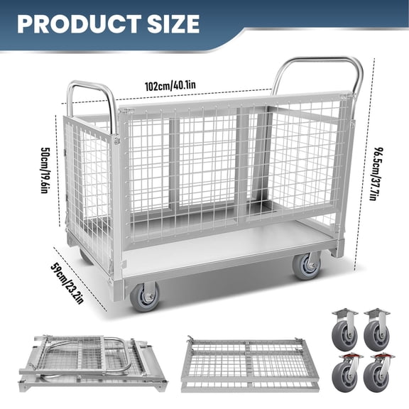 Platform Truck Cart With Cage, Sturdy Multi-Use 4-In-1 Utility Cart, Heavy Duty Wire Mesh Transport Cart for Pet Store Factory Warehouse Farm Home
