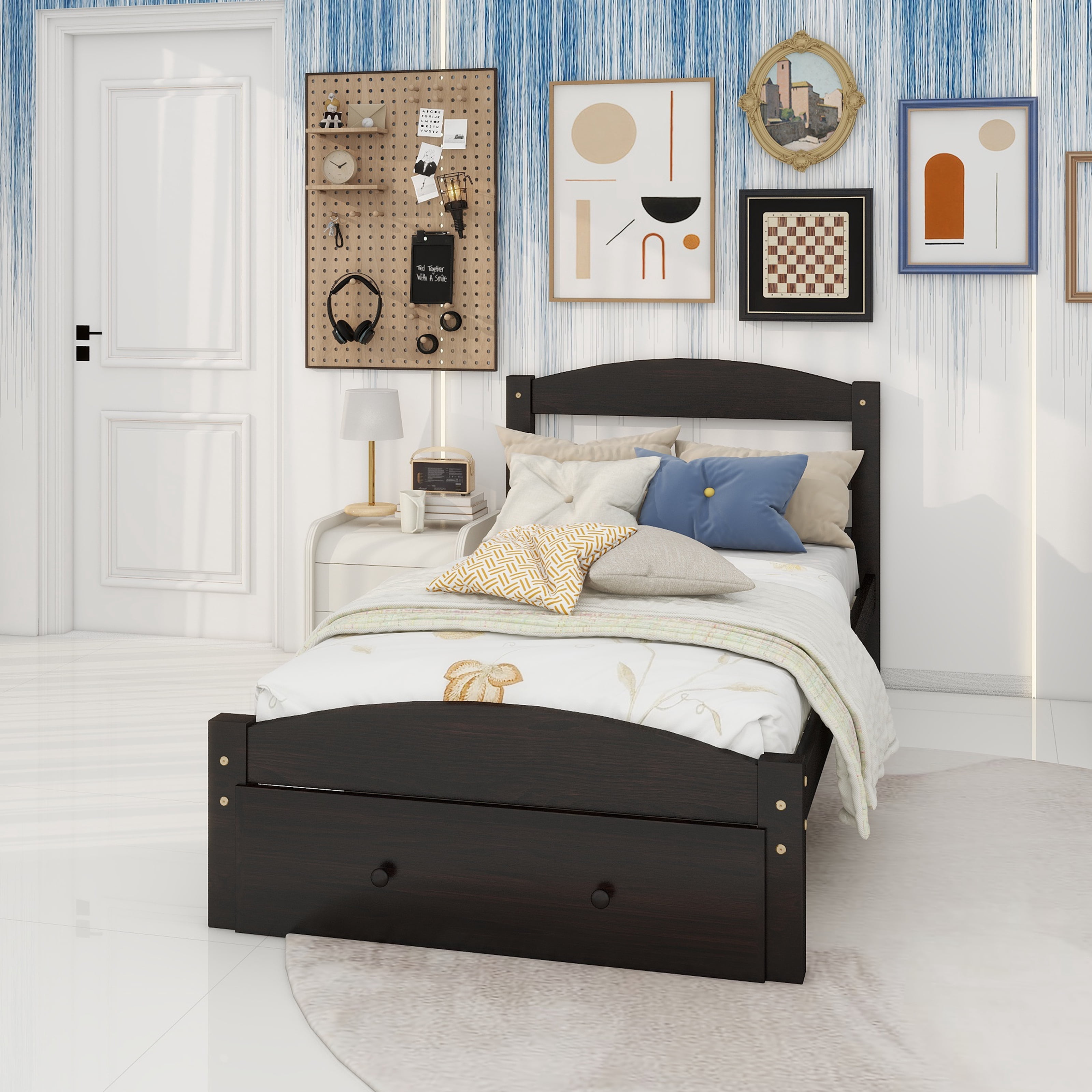 Platform Twin Bed Frame with Storage Drawer and Wood Slat Support No ...