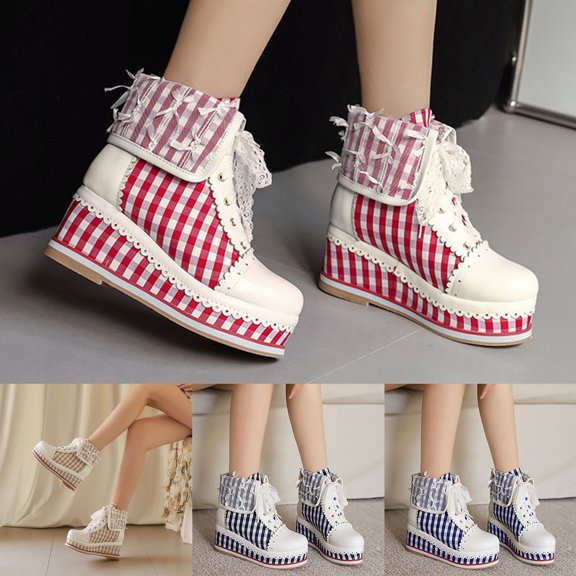 Platform Wedge Ankle Boots for Women Plus Size Lolita Costume Dress Boots Sweet Plaid Pattern Lace Strappy Fold Over Short Booties