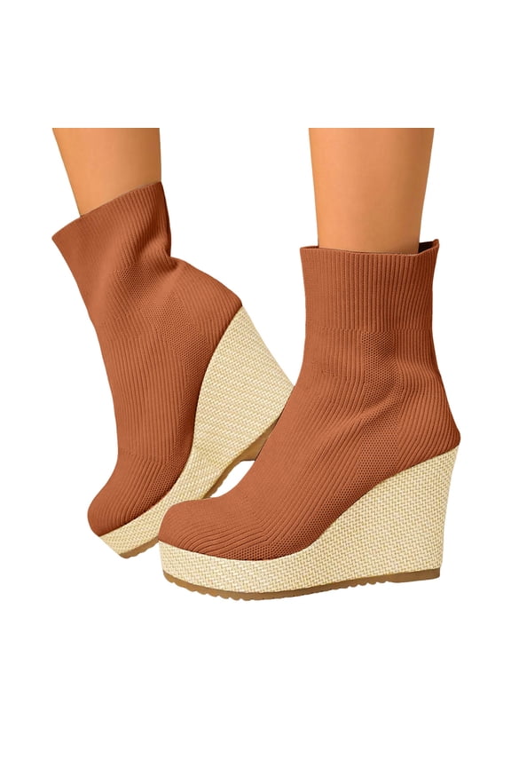 Platform Wedge Boots for Women Casual Stretch Knit Sock Booties Round Toe Slip on Fall Winter Ankle Boots High Heels Brown Size 9