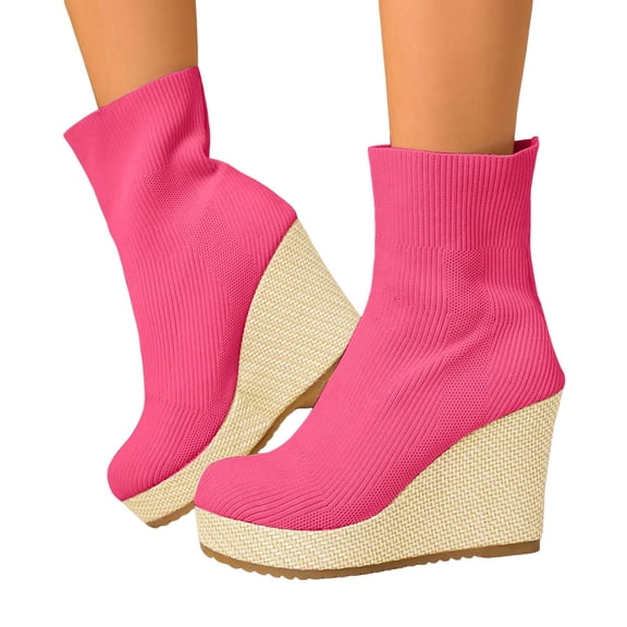 Platform Wedge Boots for Women Casual Stretch Knit Sock Booties Round Toe Slip on Fall Winter Ankle Boots High Heels Hot Pink Size 6