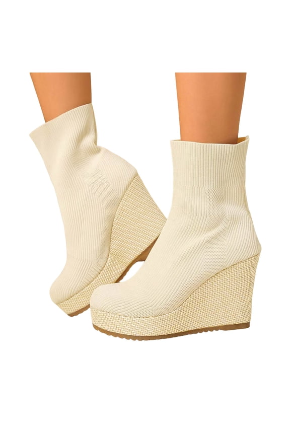 Platform Wedge Boots for Women Casual Stretch Knit Sock Booties Round Toe Slip on Fall Winter Ankle Boots High Heels White Size 7