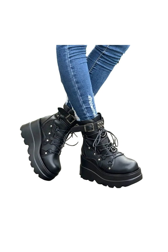 Platform Wedge Combat Boots for Women Gothic Punk Leather Lace up Chunky High Heel Ankle Booties Shoes