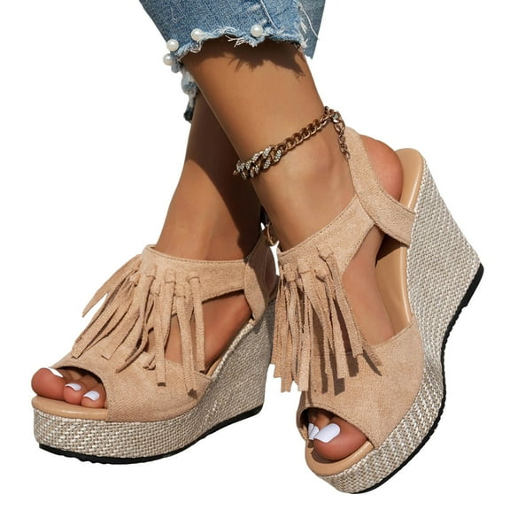 Platform Wedge Dress Sandals for Women 2025 Summer Beach Boho Tassel Chunky High Heel Peep Toe Dressy Sandals