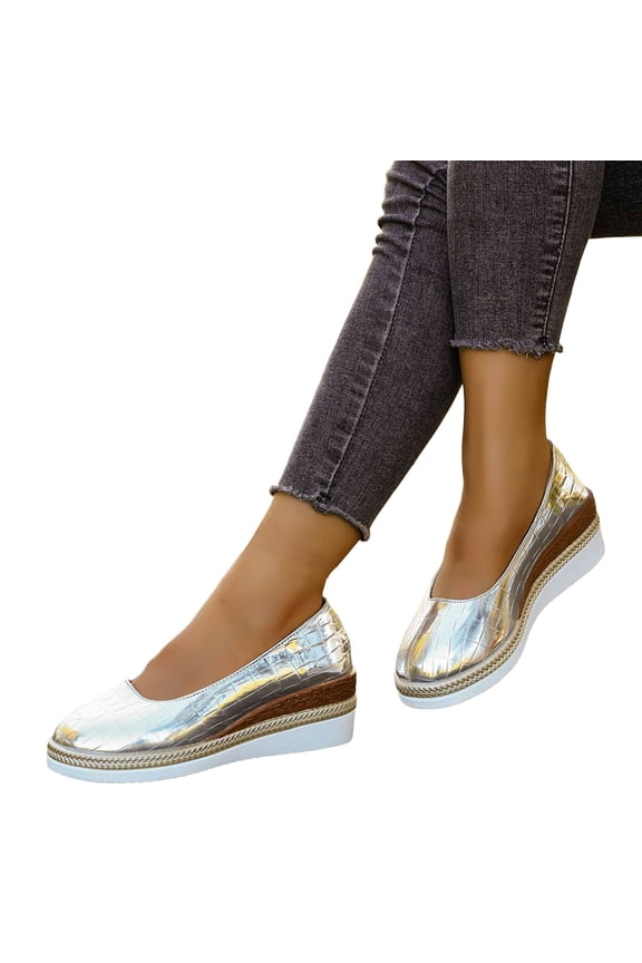 Platform Wedge Dress Shoes for Women Slip On Fashion Patent Leather Loafers Comfortable Non Slip Low Top Business Shoes Silver Size 8