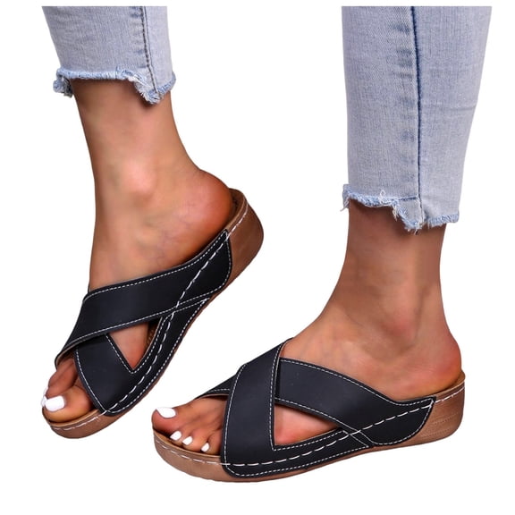Platform Wedge Dressy Sandals for Women 2025 Leather Open Toe Cross Band Chunky Mid Heel Slip on Dress Shoes