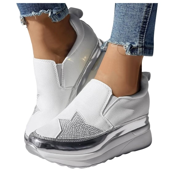 Platform Wedge Fashion Sneakers for Women 2025 Casual Leather Rhinestones Star Chunky Slip on Walking Shoes