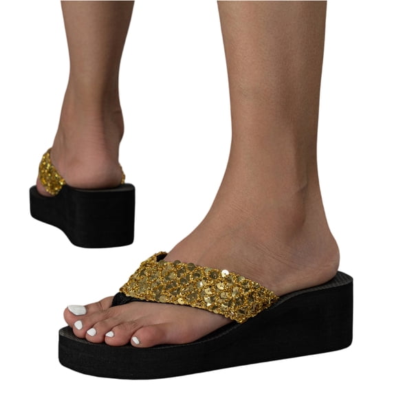 Platform Wedge Flip Flops Womens Trendy Dressy Womans Summer Flatform Sandals with Comfortable Walking Outdoor Rubber Soles Gold 41