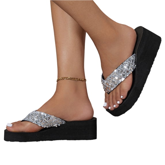 Platform Wedge Flip Flops Womens Trendy Dressy Womans Summer Flatform Sandals with Comfortable Walking Outdoor Rubber Soles Silver 39